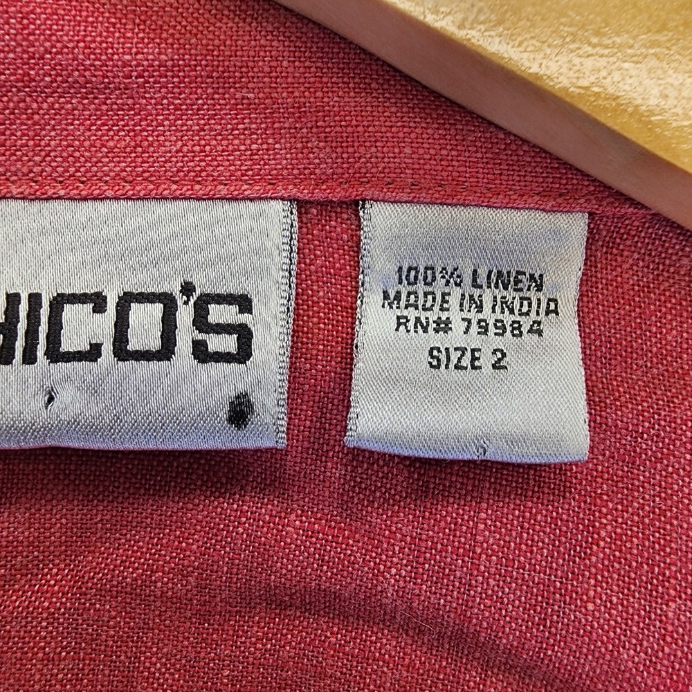 Chicos Linen Button Down Shirt Size 2 Large Pink Red Roll Tab Sleeve Tunic Linen - Picture 2 of 13